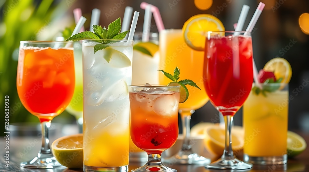 Large collection of summer refreshing cocktails in transparent glasses Large collection of summer refreshing cocktails in transparent glasses