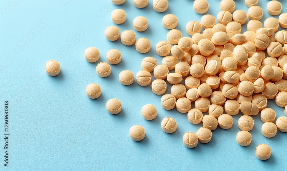 Pile Of Light Orange Round Pills On Light Blue Background