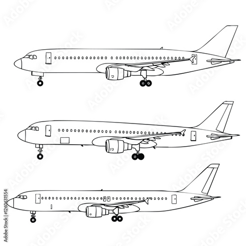 Three Line Drawings of Modern Passenger Jet Airplanes