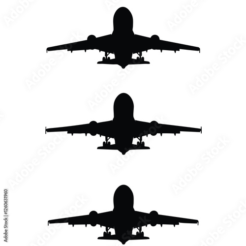 Three black silhouette airplane views on a white background.