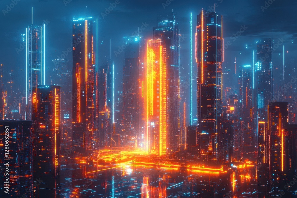 Obraz premium Futuristic Neon Cityscape with Illuminated Skyscrapers Reflecting in Rain-Soaked Streets at Night