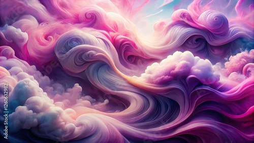 Vibrant pink and purple swirls create dreamy cloudscape on white background