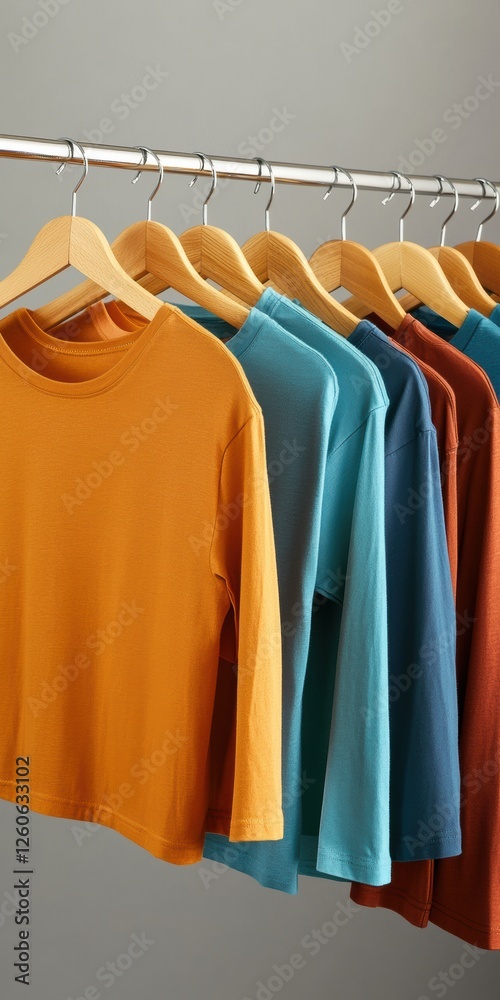 Fototapeta premium Brightly colored t shirts in a rainbow of hues neatly arranged on wooden hangers. This organized display emphasizes variety and a cheerful, vibrant wardrobe style.
