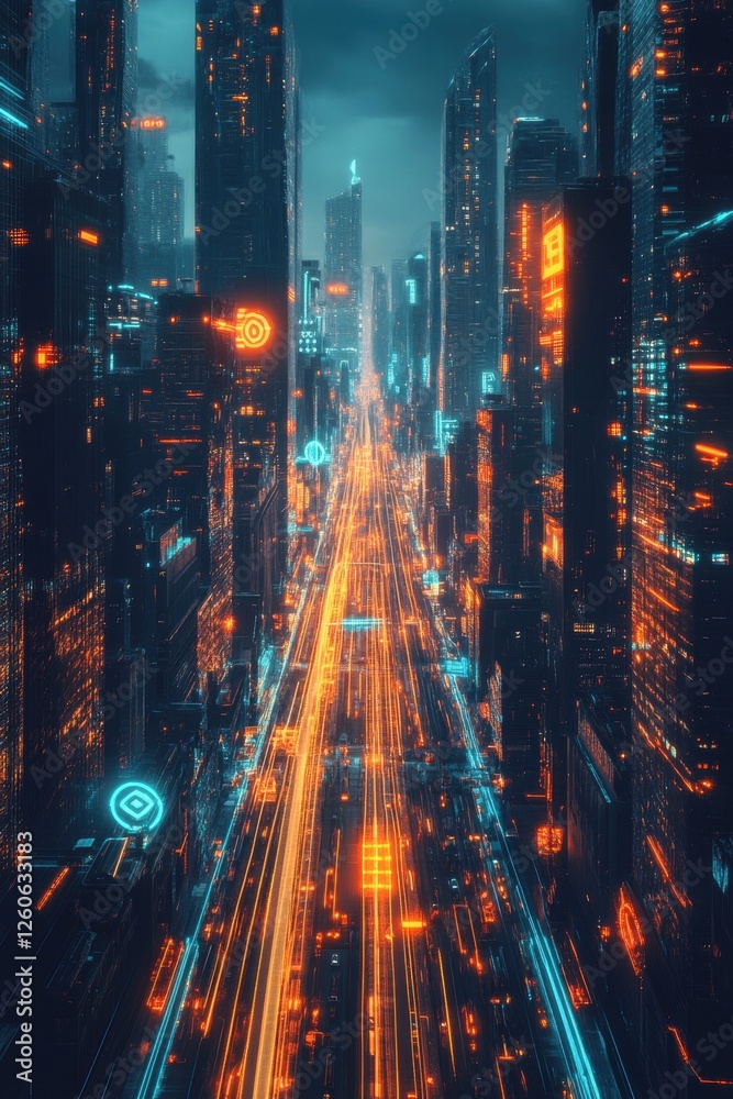 Fototapeta premium Futuristic Cyberpunk Cityscape with Neon Lights and Skyscrapers at Night in a Sci-Fi Urban Environment