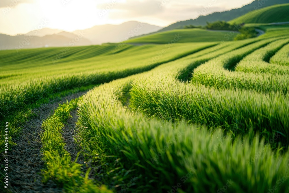 Green wheat field with a winding path at sunset for agriculture and food material Green wheat field with a winding path at sunset for agriculture and food material