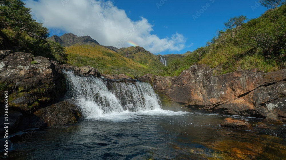 Fototapeta premium Waterfall cascading in Scottish Highlands, rainbow in background; nature tourism
