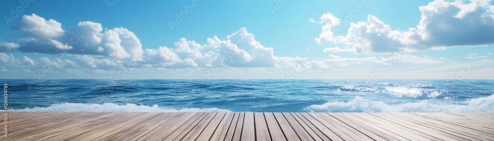 Fototapeta premium ** Serene Ocean View from Wooden Deck with Blue Sky and Fluffy Clouds on a Sunny Day..**