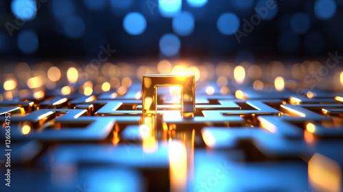 golden maze structure illuminated by soft blue lights, creating captivating visual metaphor of complexity and exploration