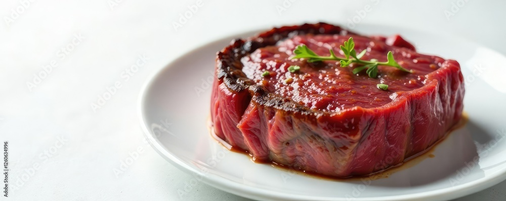 Obraz premium A perfectly cooked medium-rare steak on a plain white surface, background, steak