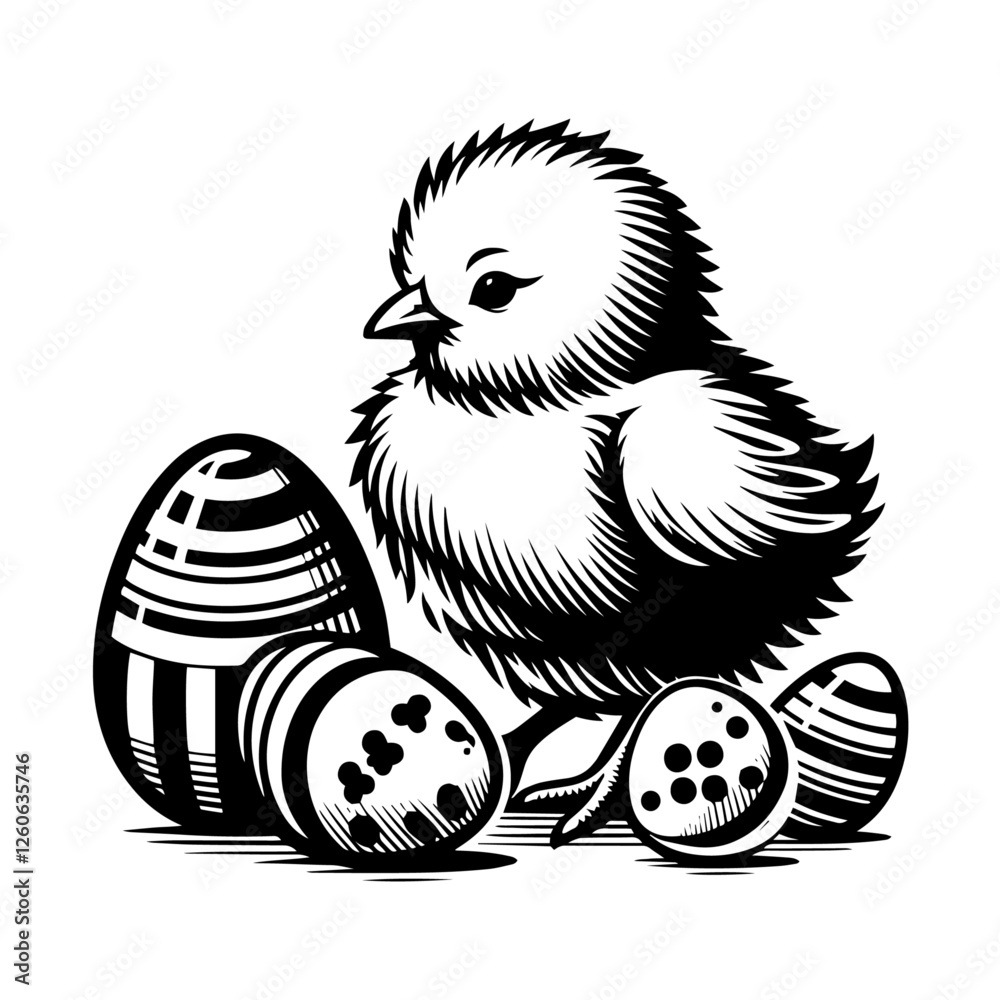traditional easter chick with decorated eggs, high-detail line art illustration