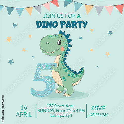 Postcard. Cute dinosaur, dinosaur boy. Birthday invitation. 5 years, five