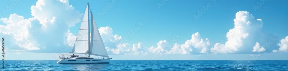 A sleek yachting vessel with white sails in the foreground against a vast expanse of light blue sky and fluffy white clouds, sailing, sea, landscape A sleek yachting vessel with white sails in the foreground against a vast expanse of light blue sky and fluffy white clouds, sailing, sea, landscape