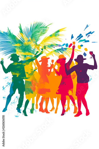 Dessin arc-en-ciel de silhouettes de gens faisant la fête devant des palmiers