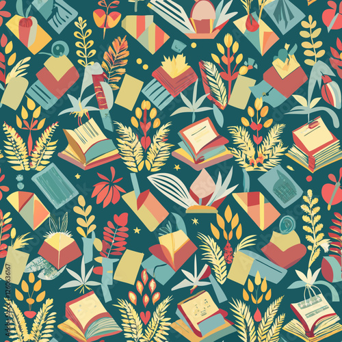 An intricate vector pattern of books and botanical elements blending vibrant colors and charming symmetry, ideal for literary-themed designs that evoke knowledge and nature's beauty