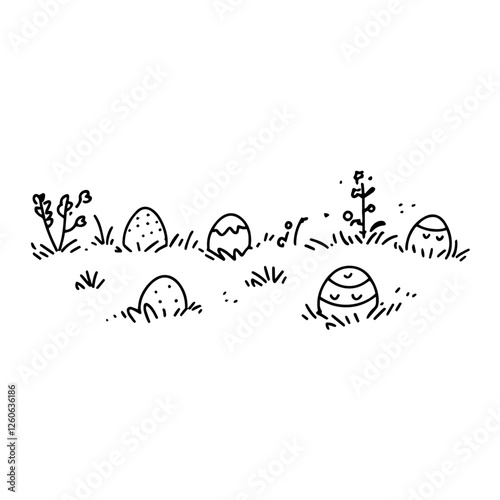 Vector illustration of hidden easter eggs in grass, hand-drawn sketch