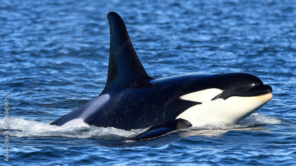A large black and white whale is swimming in the ocean A large black and white whale is swimming in the ocean