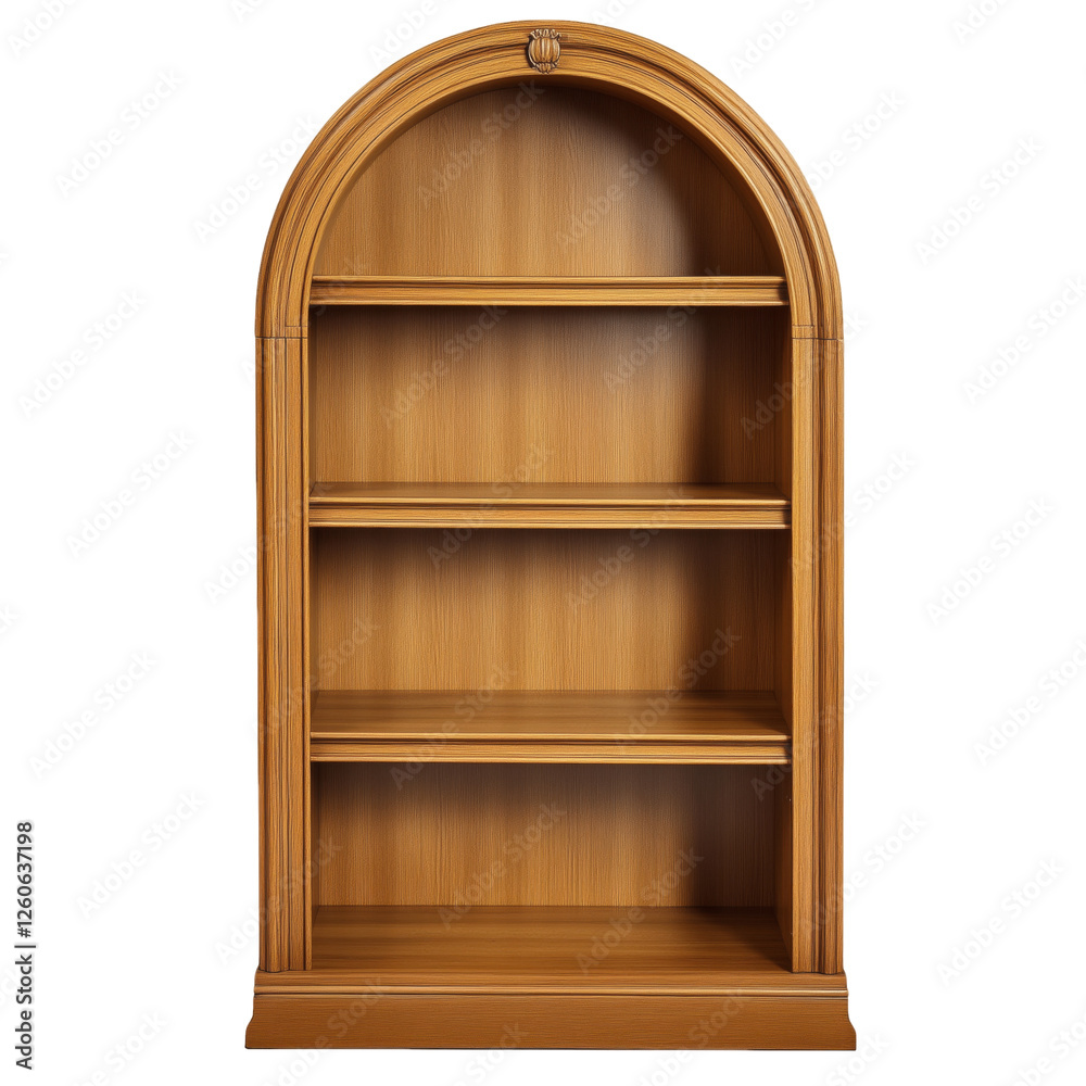 Arched Wooden Bookcase: Elegant and functional, a freestanding arched bookcase with four shelves, crafted from rich, light brown wood, offers ample storage space and a classic aesthetic. Arched Wooden Bookcase: Elegant and functional, a freestanding arched bookcase with four shelves, crafted from rich, light brown wood, offers ample storage space and a classic aesthetic.