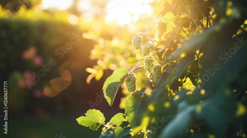 Ripe hop cones growing on a hop plant at sunset, ready for harvest