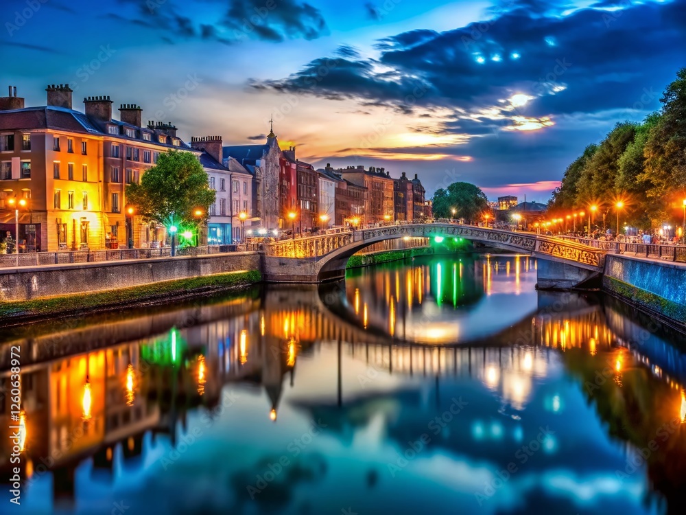 Obraz premium Dublin River Liffey Night Lightscape - Cityscape Photography