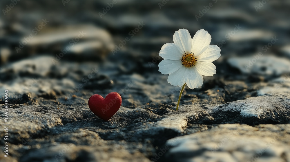 Fototapeta premium White cosmos flower and red heart on textured rocks, representing love and resilience. Natural composition symbolizing hope and growth