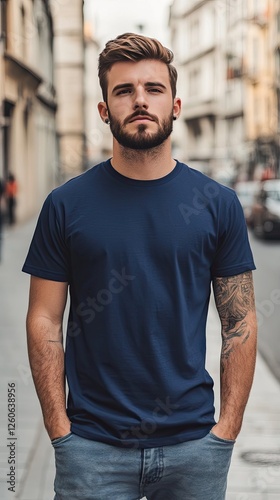 A man wearing navy color t shirt mockup; with earring; on the street; front view