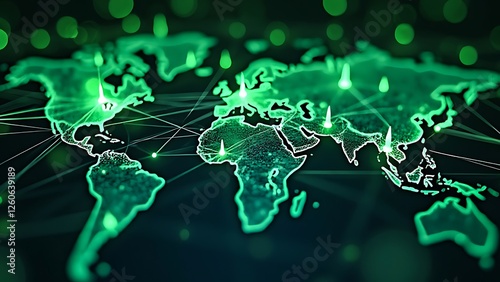 A Exploring Global Connectivity The Impact of Technology on Our World Map, Connection black and green world map background.