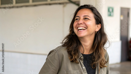 Free Download A Candid Moment Capturing a Happy Smiling Woman with Long Brown Hair Wearing a Casual Green Jacket and Black Shirt, Laughing with a Joyful Expression While Standing Outdoors Near a Light-Colored Wall - GFXLoad