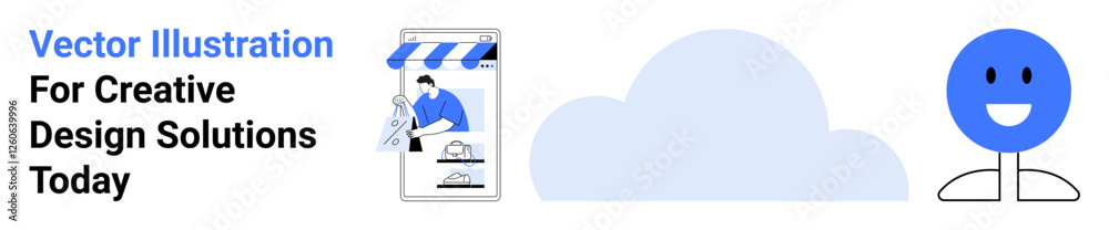 Fototapeta premium Mobile storefront with a person designing, cloud icon, and smiling face. Ideal for creativity, design, technology, solutions, marketing, branding business flat landing page banner