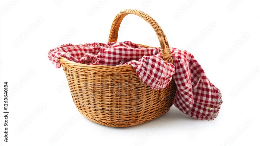 A basket with a red and white checkered cloth on top of it A basket with a red and white checkered cloth on top of it