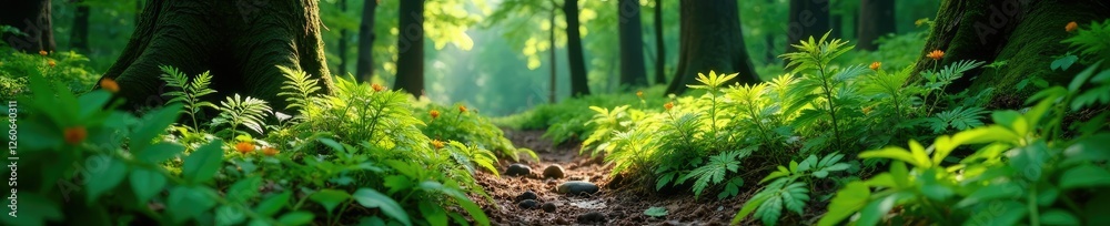 Obraz premium Forest floor covered with ferns and wildflowers, forest floor, trees, nature