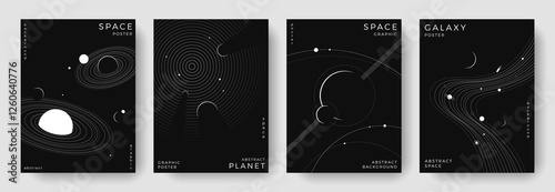 Set of abstract space astronomy backgrounds. Line art galaxy, universe, planet, solar system. Science future concept. Cosmic minimalist design for cover, poster, layout, banner, flyer, brochure