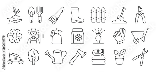Gardening line icon set, editable stroke flat vector illustration