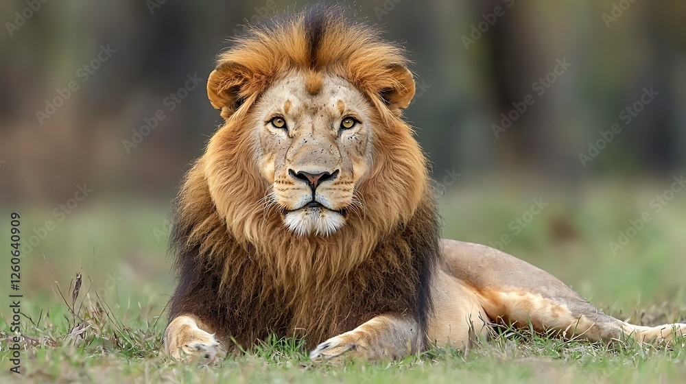Majestic male lion resting, savanna grassland background, wildlife photography, nature documentary Majestic male lion resting, savanna grassland background, wildlife photography, nature documentary