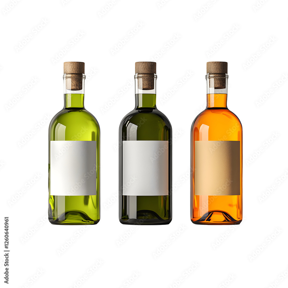 Glass bottles of colored liquid stand side by side + corked tops Glass bottles of colored liquid stand side by side + corked tops