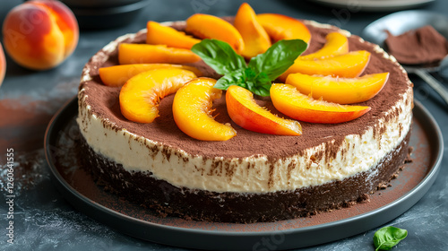Tasty and delicious cheesecake with peaches and cocoa foam. Peach cheesecake with cocoa 