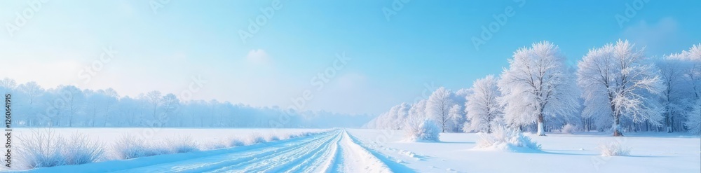 Frosty landscape with snow-covered trees and a clear blue sky, frosty, snowy