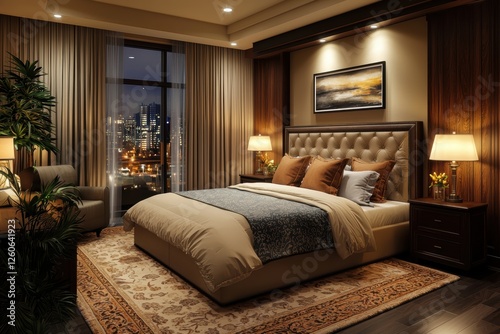 Luxury hotel suite with floor-to-ceiling windows urban cityscape interior design nighttime cozy atmosphere