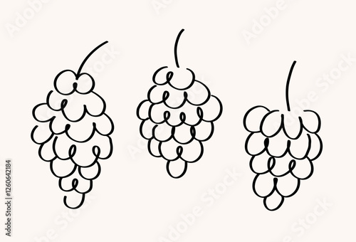 Vector set with sketched Grapes. Hand drawn illustration with bunch of Grapevine berries in line art style. Food, dry raisins, healthy food, desert, harvest fruit. For label, icon, card, logo, print