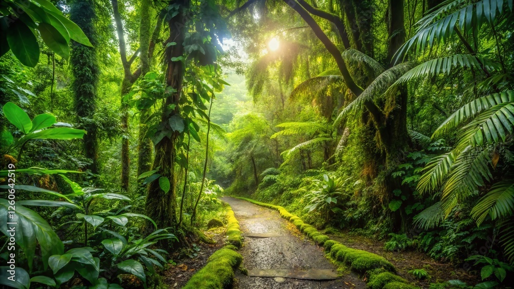 Ecuador Rainforest Hiking Trail: Lush Green Nature Path in Mindo Valley Cloud Forest, Andes Mountains Ecuador Rainforest Hiking Trail: Lush Green Nature Path in Mindo Valley Cloud Forest, Andes Mountains