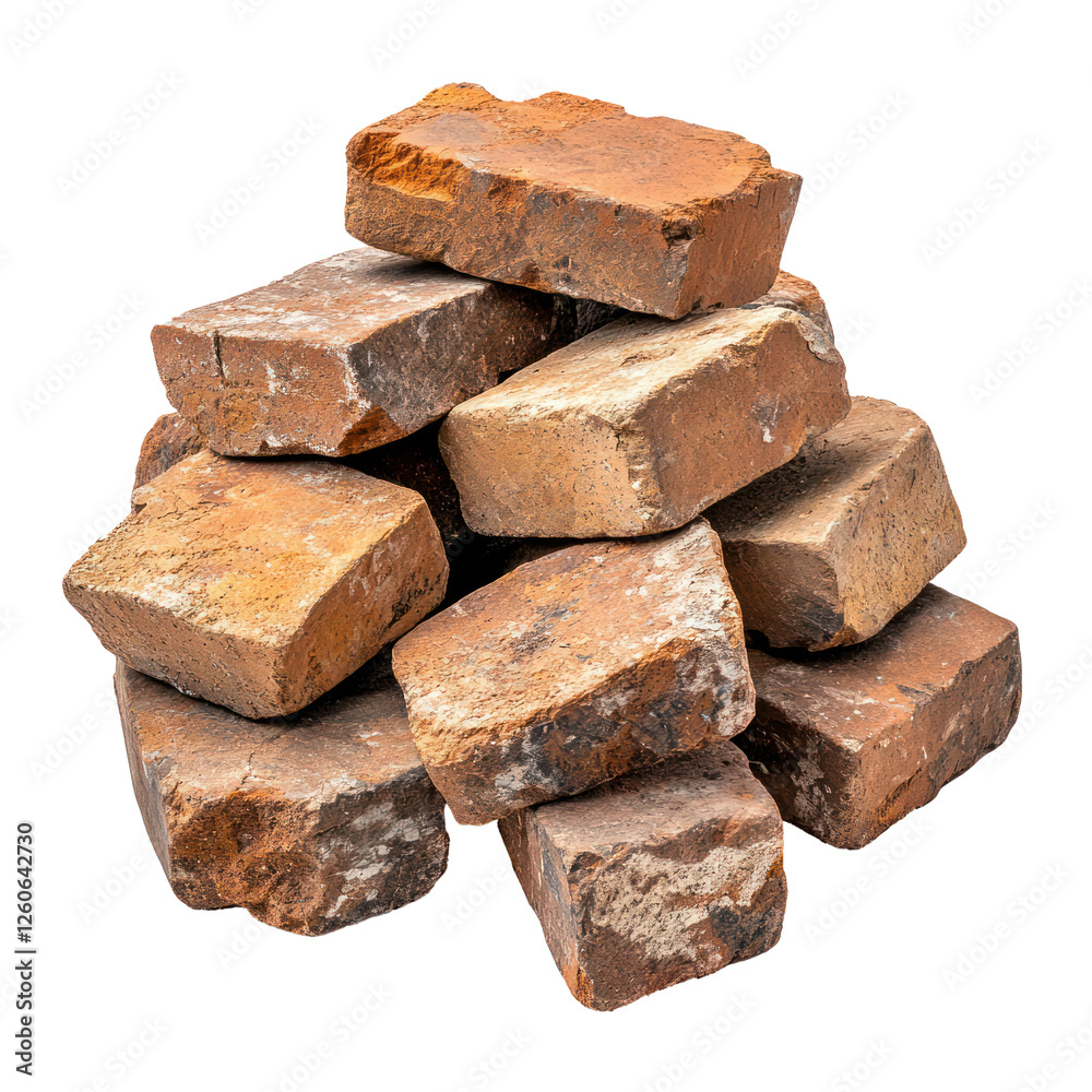 Rustic brown bricks stacked in an artistic arrangement for construction projects, isolated on transparent background