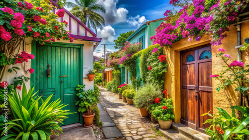 Vibrant tropical flowers and rustic wooden doors line charming pathway
