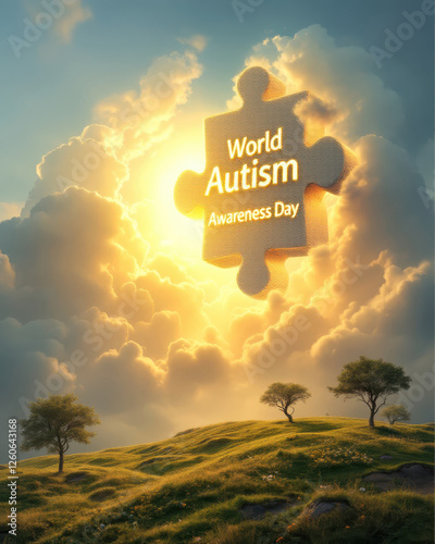 World autism awareness day concept with puzzle piece and sunlight for poster design photo