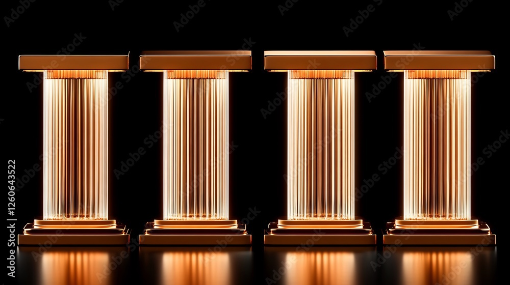 Fototapeta premium Elegant bronze pillars stand majestically against a dark background subtly lit from within. AI Generated