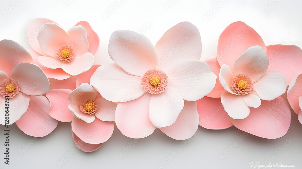 Detailed Close-up of Soft Pink Magnolia Flowers Blossoming on Minimal White Background Detailed Close-up of Soft Pink Magnolia Flowers Blossoming on Minimal White Background