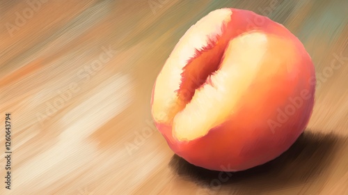 Juicy Peach Half on Wooden Table Still Life Painting