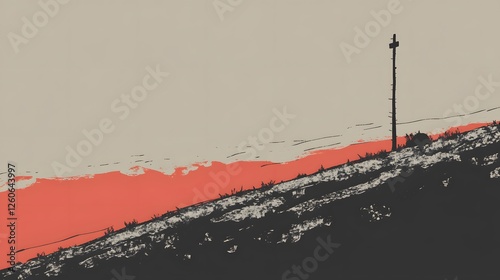Abstract Hilltop Landscape with Cross Silhouette at Sunset