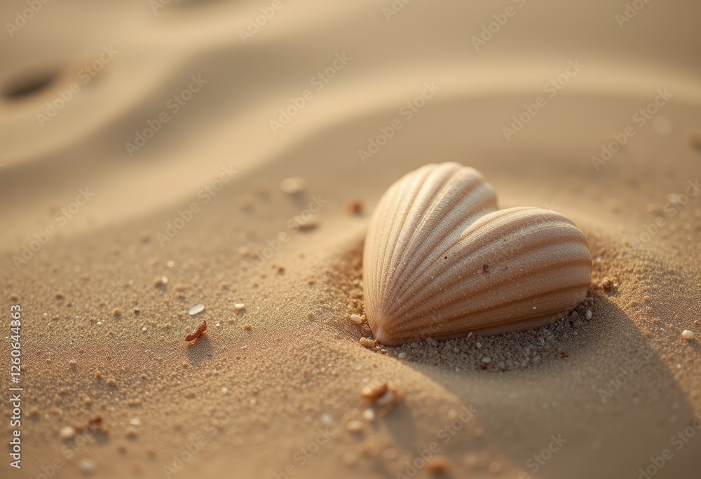 Heart shaped seashell nestled in sand with small pebbles around it symbolizing love and romance