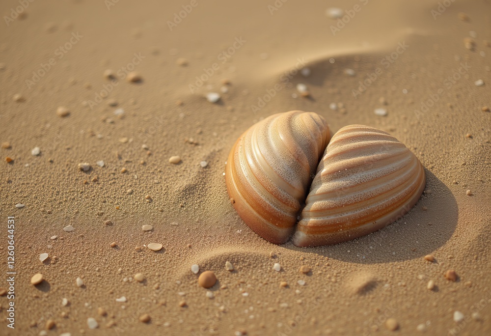 Heart shaped seashell nestled in sand with small pebbles around it symbolizing love and romance Heart shaped seashell nestled in sand with small pebbles around it symbolizing love and romance