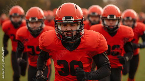 Determined Football Team Charging Onto Field Together
