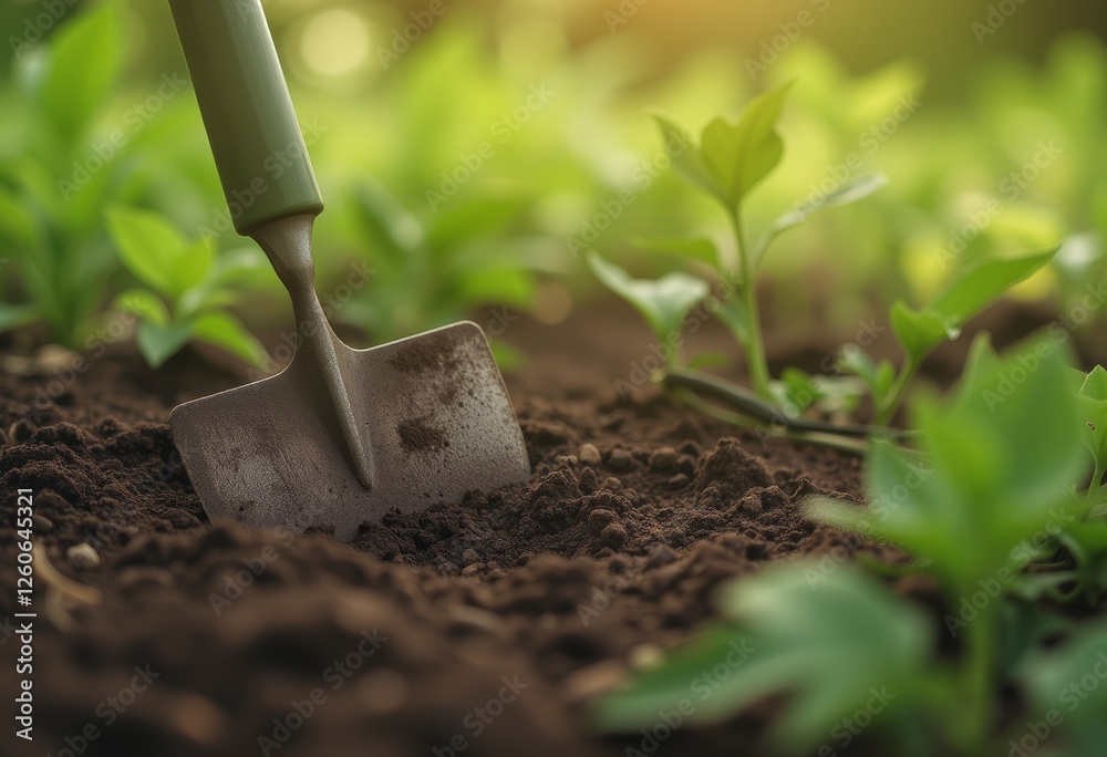 Garden trowel digging into rich soil surrounded by green plants representing gardening and cultivation Garden trowel digging into rich soil surrounded by green plants representing gardening and cultivation